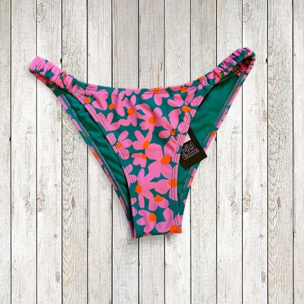 NWT Wild Fable One Shoulder Bikini Bottoms Green Pink Floral Size S